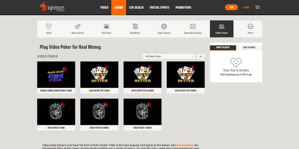 Ignition Casino poker games